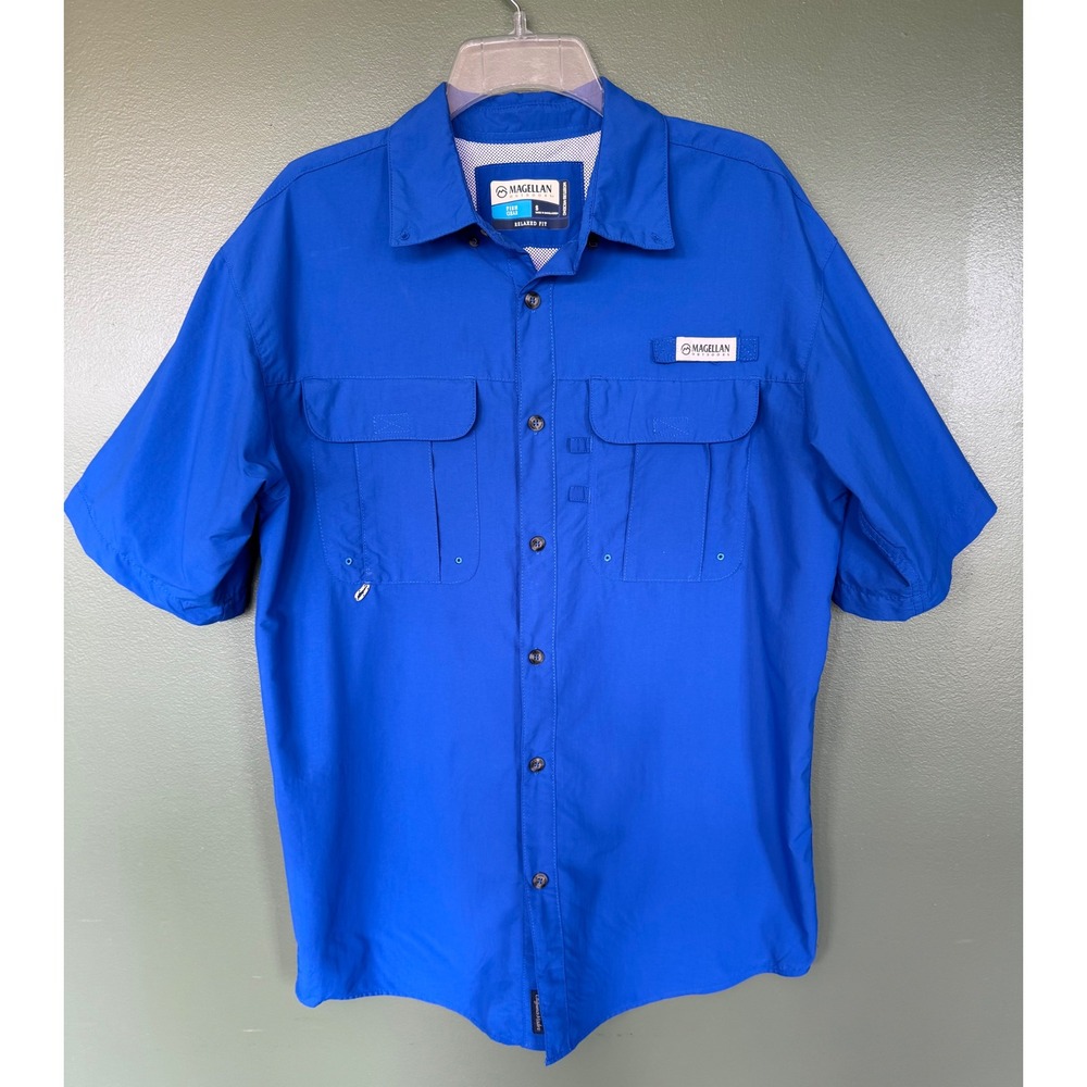 Magellan Outdoors Mens Blue Fish Gear Short Sleeve Fishing Shirt Relaxed Fit S
